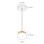 Clérachic pendant light dimension drawing, D D9 23 cm x H9.8 24.8 cm, every measurement marked in centimetres and inches.