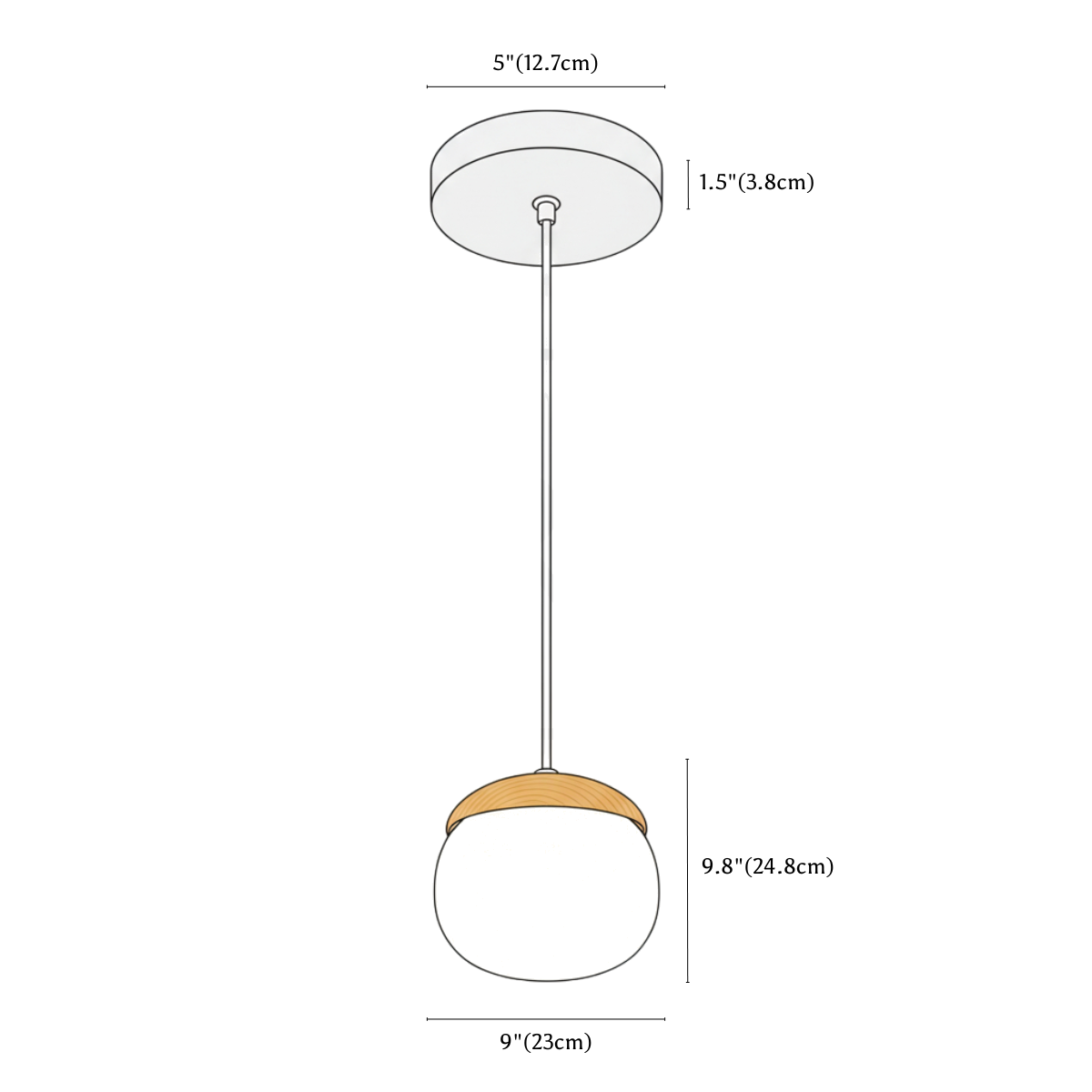 Clérachic pendant light dimension drawing, D D9 23 cm x H9.8 24.8 cm, every measurement marked in centimetres and inches.