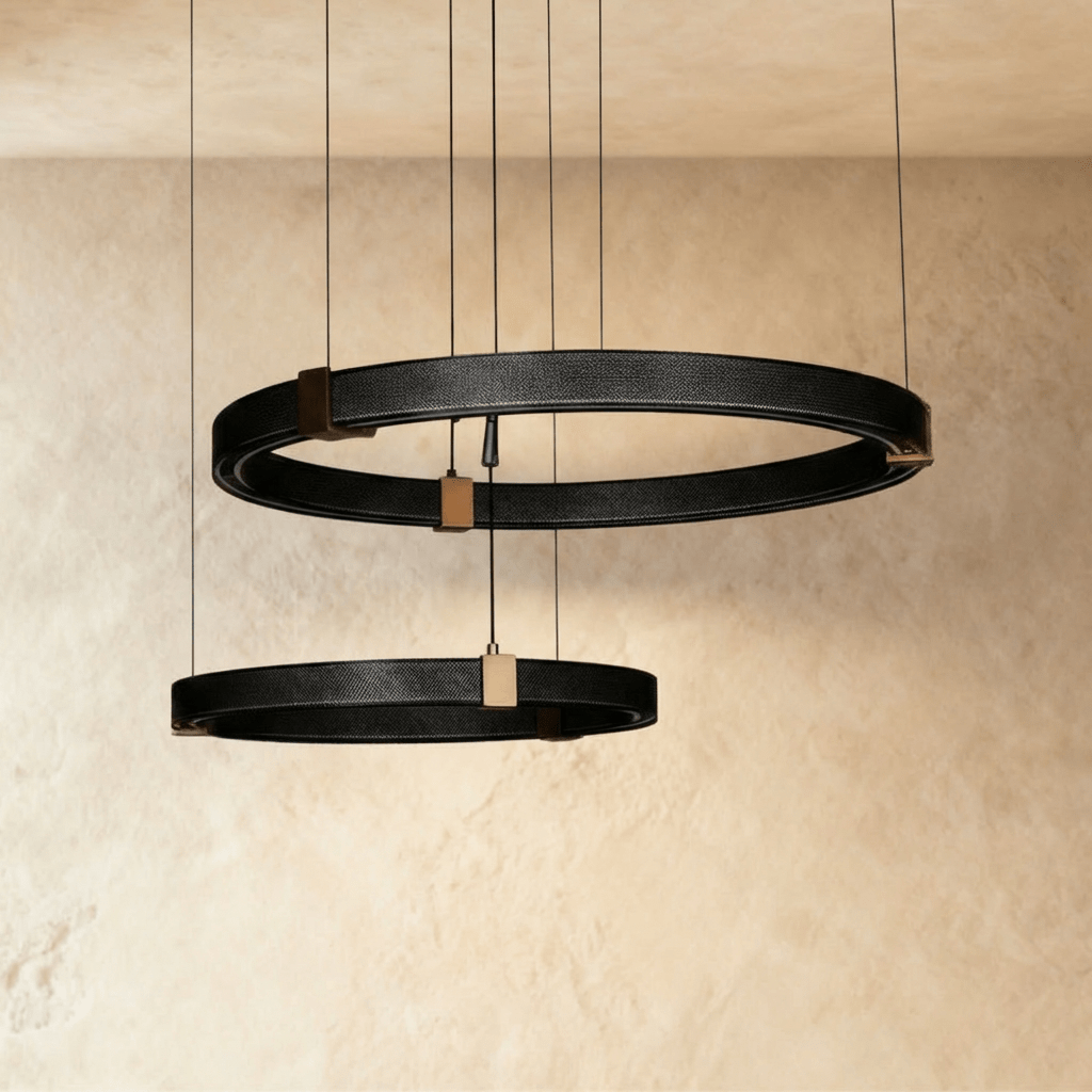 Clérachic ring chandelier in two tiers, black perforated rings joined by brass mounts against a textured wall.