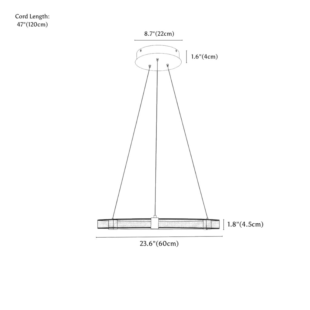 Clérachic chandelier dimension drawing, 1 Ring, 60 cm 1, every measurement marked in centimetres and inches.