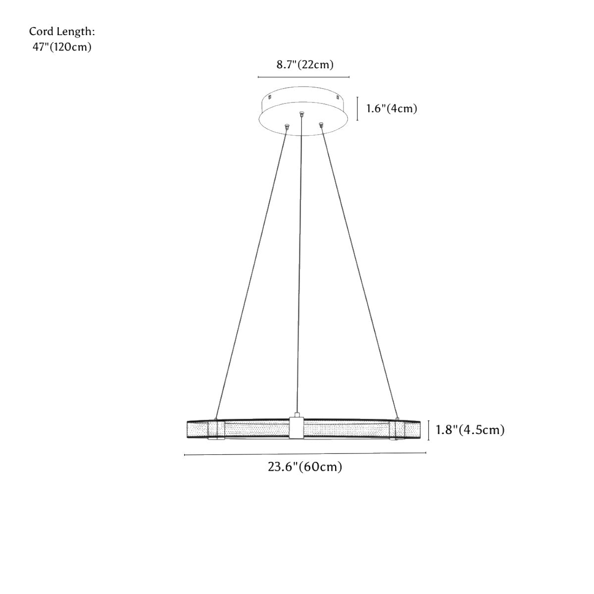 Clérachic chandelier dimension drawing, 1 Ring, 60 cm 1, every measurement marked in centimetres and inches.