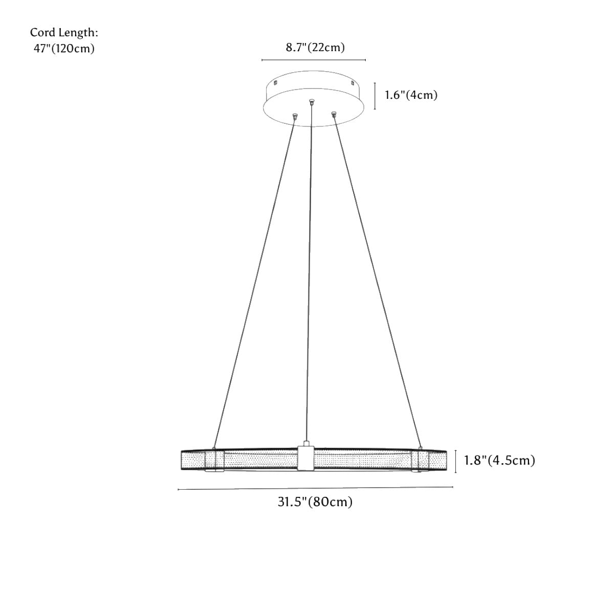 Clérachic chandelier dimension drawing, 1 Ring, 80 cm 1, every measurement marked in centimetres and inches.