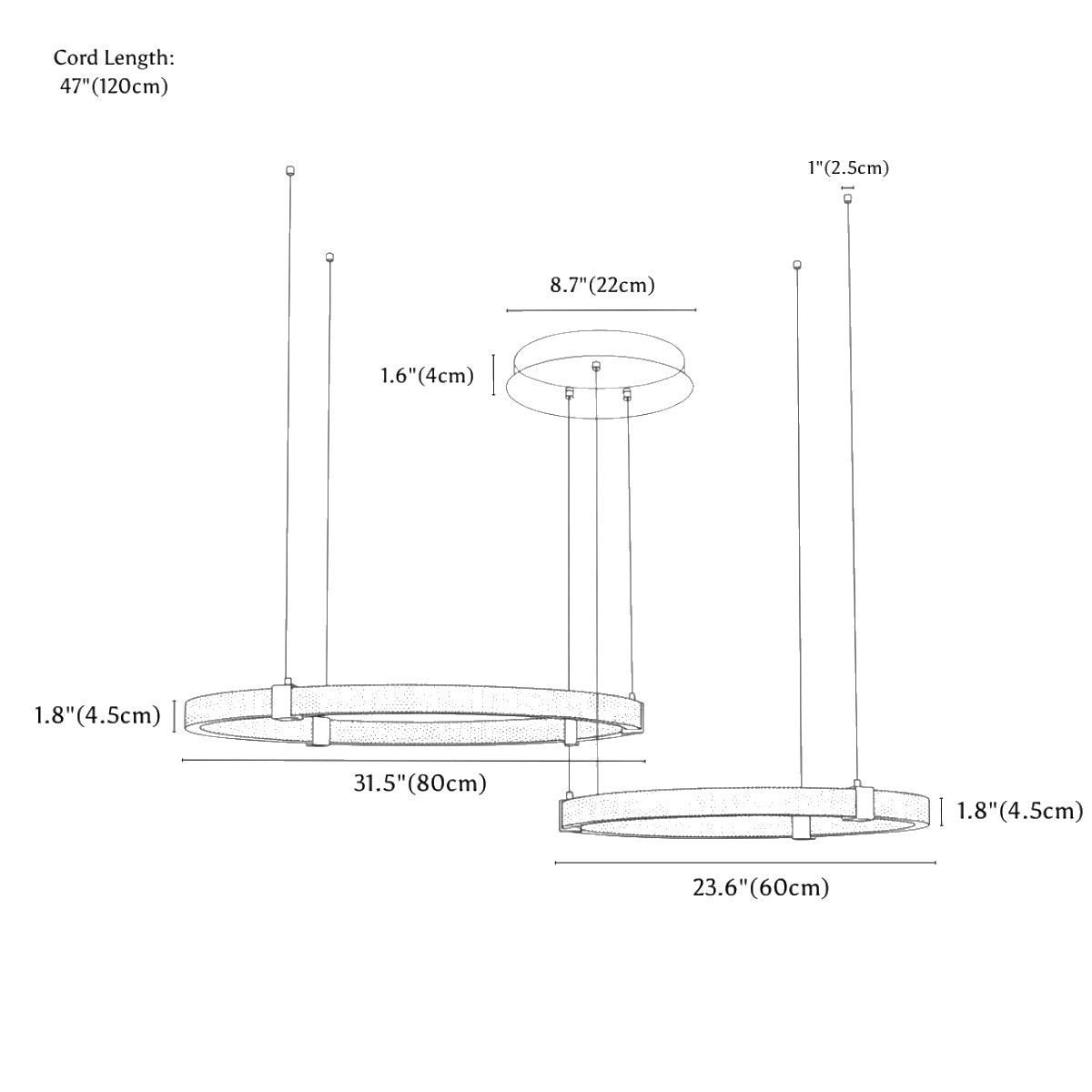Clérachic chandelier dimension drawing, 2 Rings, 60 80 cm 1, every measurement marked in centimetres and inches.