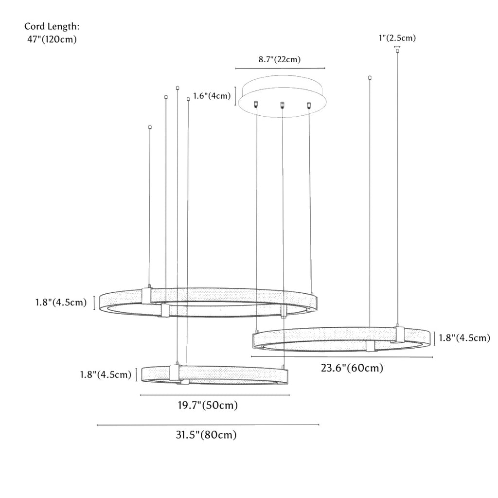 Clérachic chandelier dimension drawing, 3 Rings, 50 60 80 cm 1, every measurement marked in centimetres and inches.