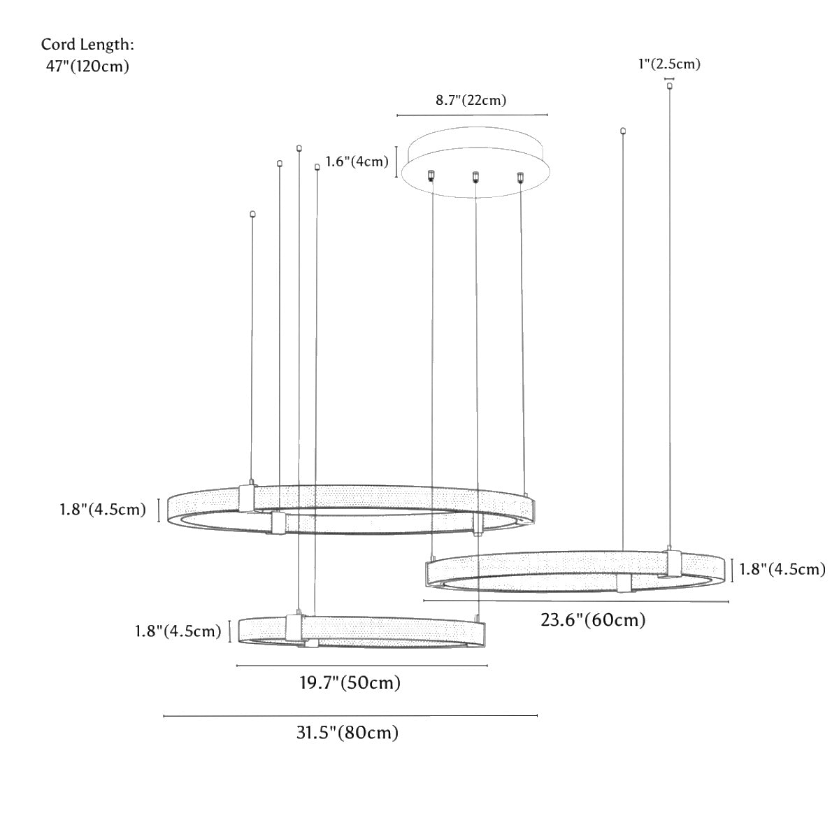 Clérachic chandelier dimension drawing, 3 Rings, 50 60 80 cm 1, every measurement marked in centimetres and inches.