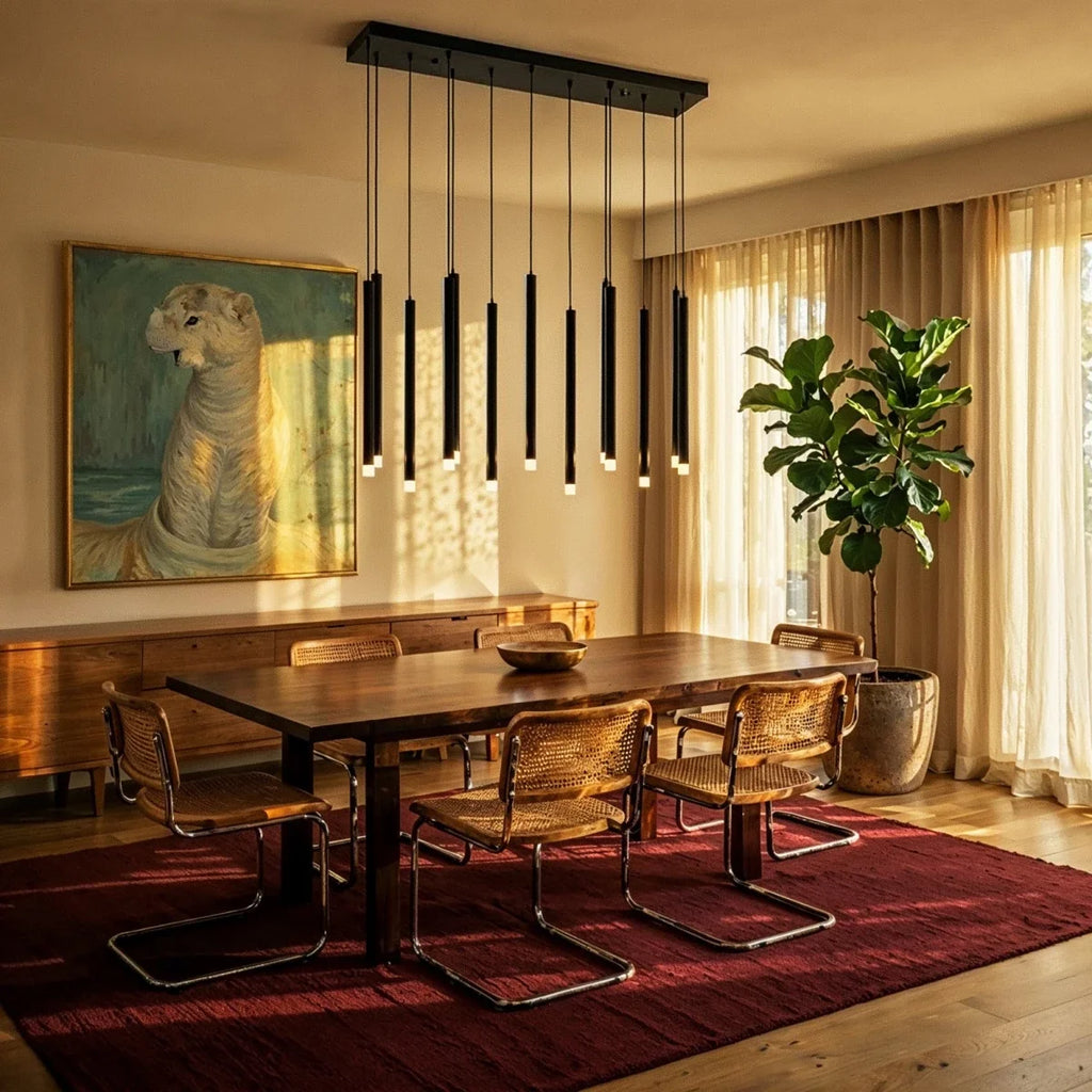 Clérachic black tube chandelier hanging over a walnut dining table with cane chairs, a red rug and a fiddle-leaf fig by sheer curtains.