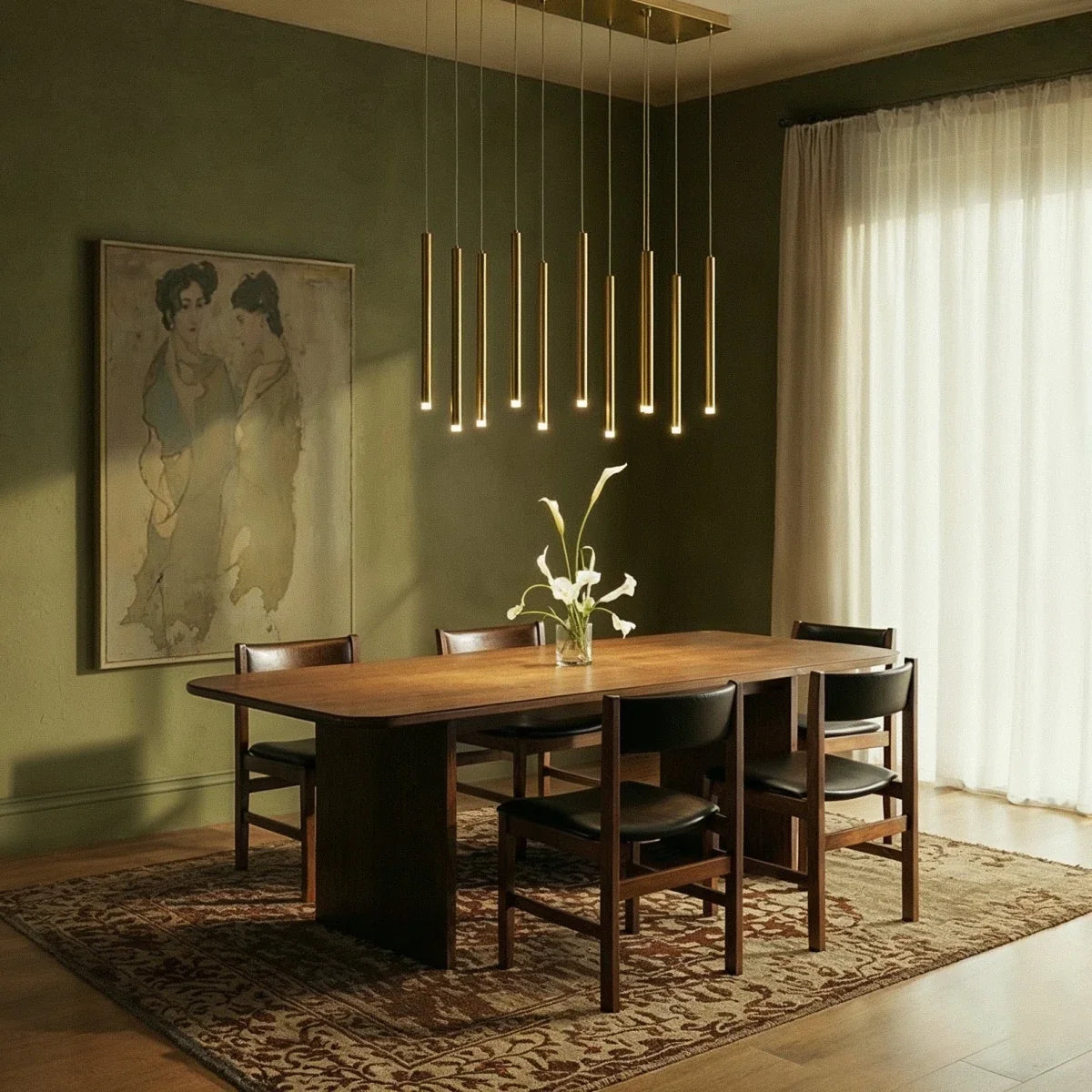 Clérachic gold tube chandelier lit above a long walnut dining table in a green room with calla lilies and black leather chairs.