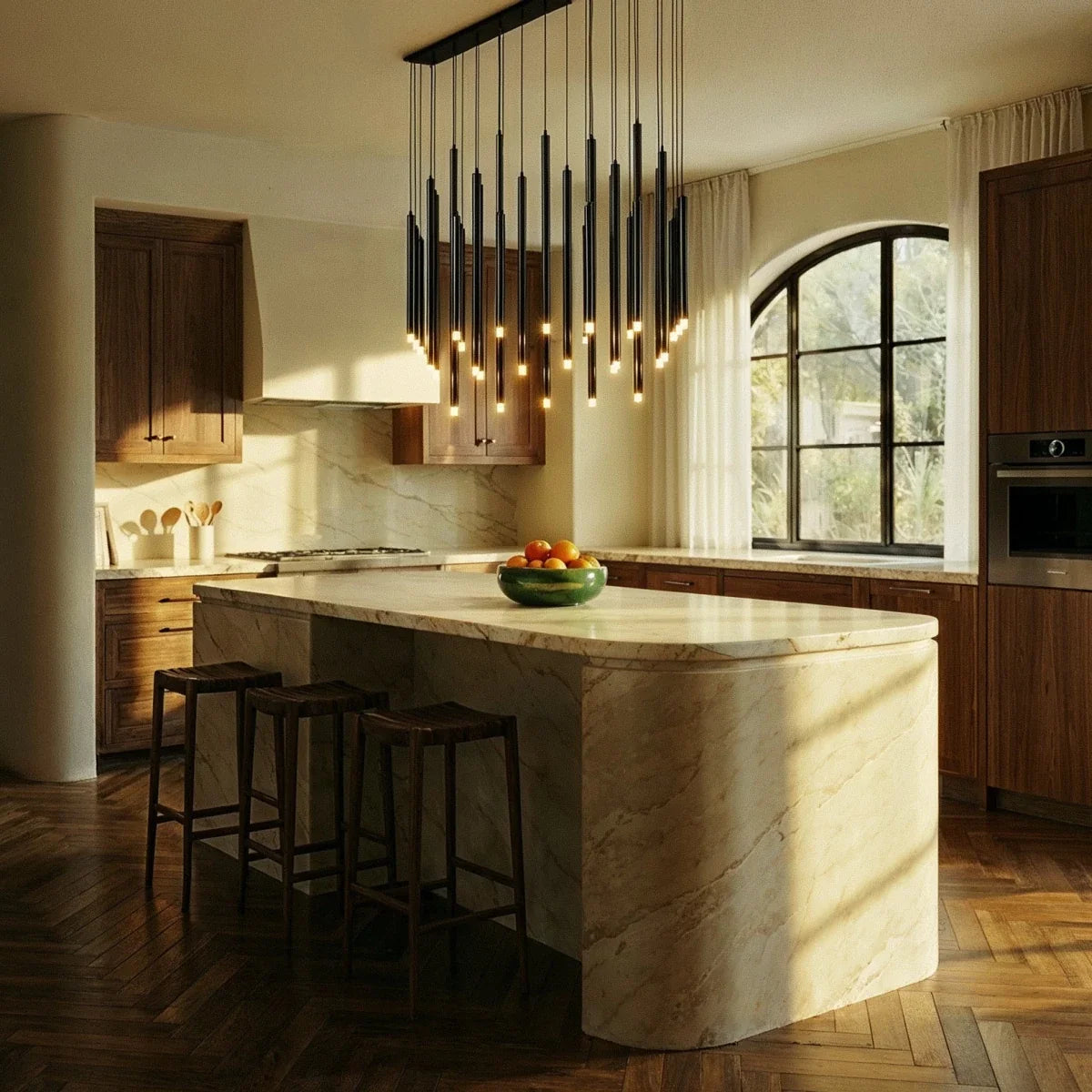 Clérachic dense cluster of black tube pendants above a marble kitchen island, with walnut cabinets and an arched window beyond.
