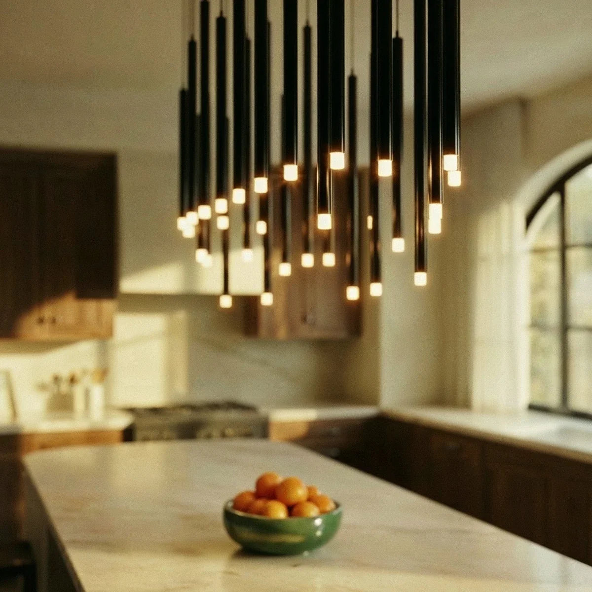 Clérachic soft-focus view of black tube pendants with frosted lit ends over a marble island and a bowl of oranges.
