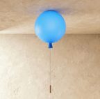 Clérachic balloon-shaped ceiling light in soft sky blue with a blue cone neck and a pull cord, mounted on a plaster ceiling.