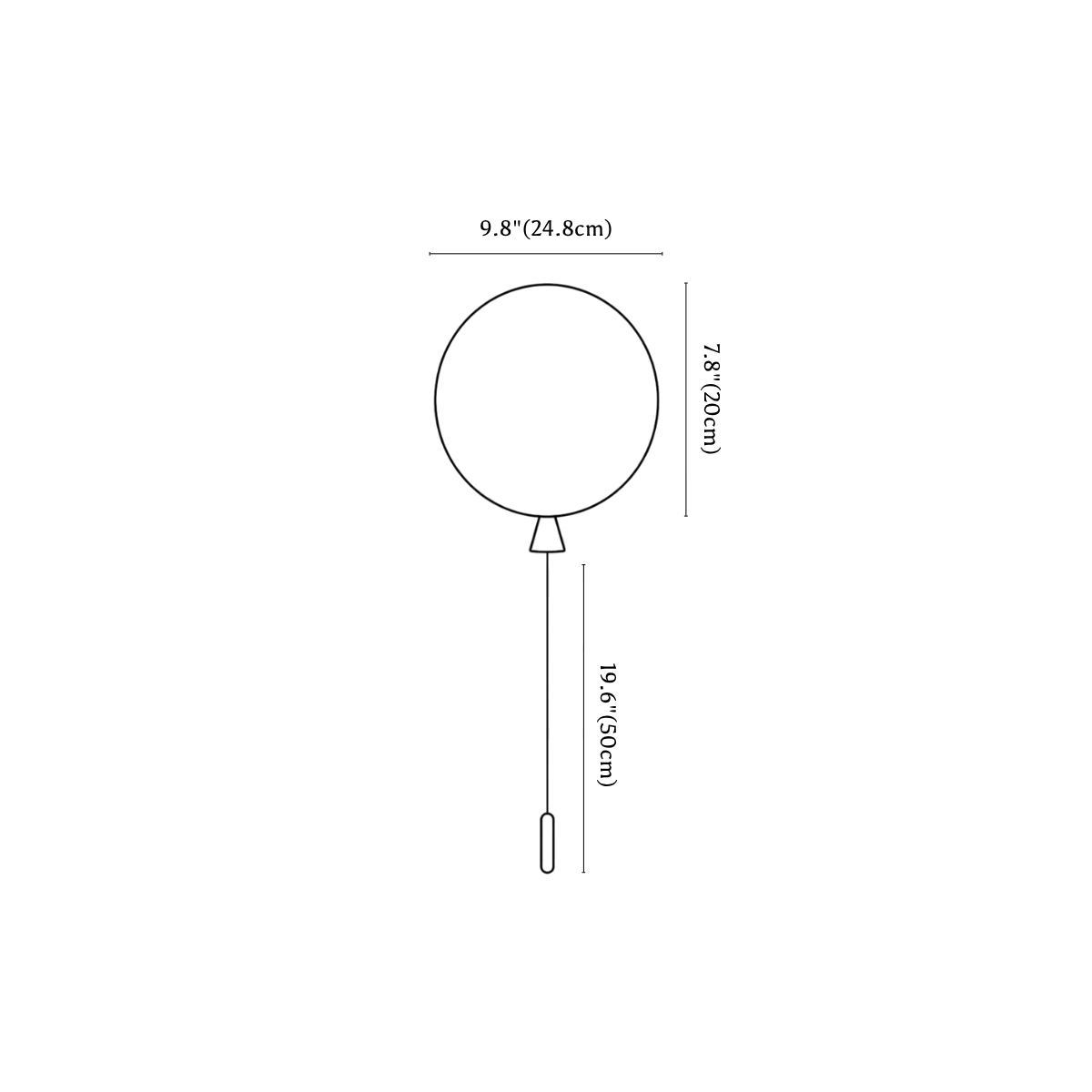 Clérachic ceiling light dimension drawing, every measurement marked in centimetres and inches.