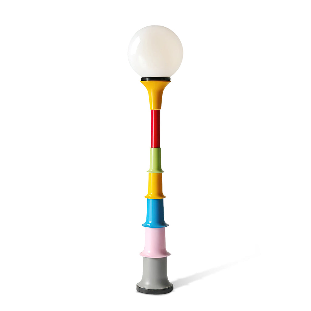 White globe on a yellow funnel and multicolour tiers, a Clérachic floor lamp on a white background.