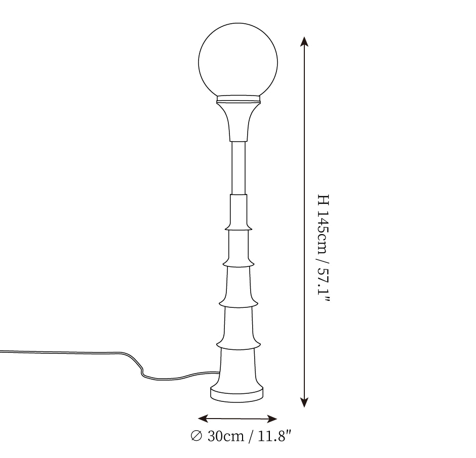 Dimension drawing of this Clérachic floor lamp, with its height and base width marked.
