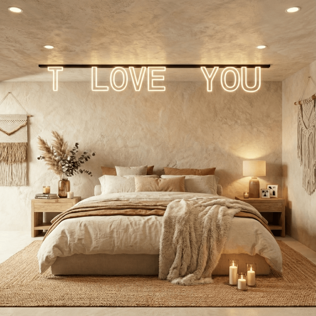 The Clérachic magnetic letter track light glowing warm white above a neutral bedroom headboard, spelling a message beside a table lamp.