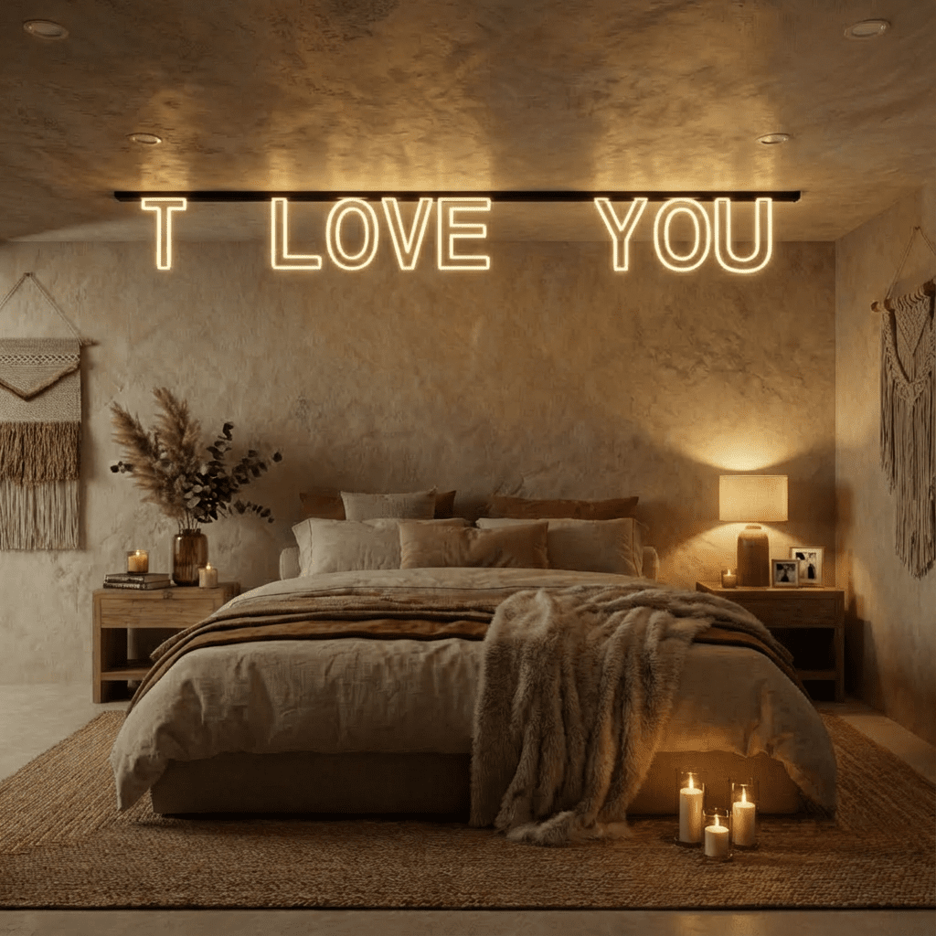 In a dim, candle-lit bedroom, the Clérachic acrylic letter track light glows warm white above the bed, spelling out a message.