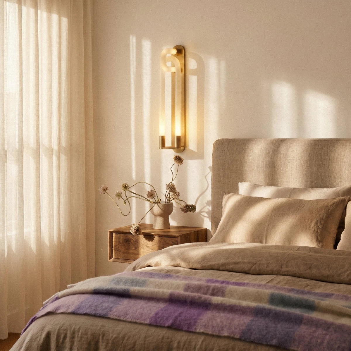 Clérachic brass wall light with frosted loops above a bedside table, in a sunlit bedroom with linen and a wool throw.