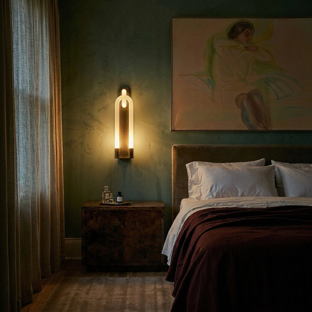Clérachic dark-finish wall light glowing warm at dusk above a bedside table, with a green plaster wall behind.