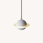 Grey sphere pendant with a ridged glowing ring and black cord, this Clérachic light shown on a soft off-white backdrop.