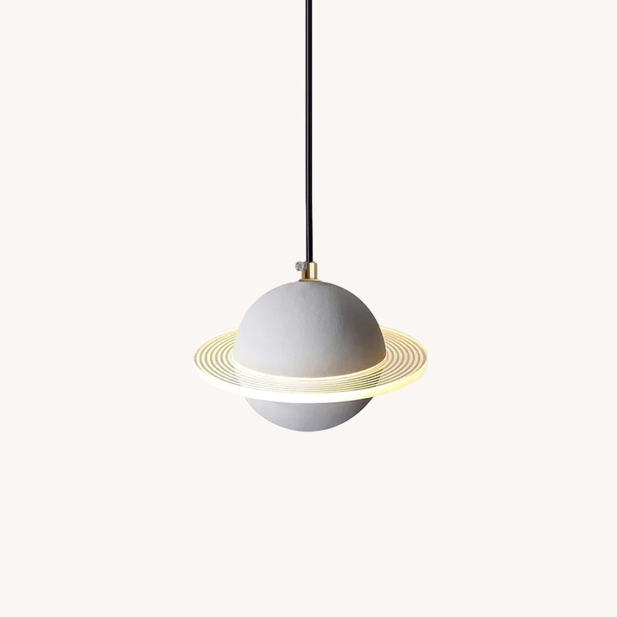 Grey sphere pendant with a ridged glowing ring and black cord, this Clérachic light shown on a soft off-white backdrop.