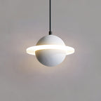 A smooth white Clérachic pendant sphere with a glowing ridged ring and a halo on a grey wall.