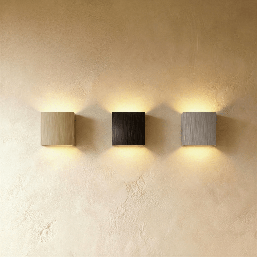 Three Clérachic square wall lamps in gold, black and silver finishes sit side by side on a plaster wall.