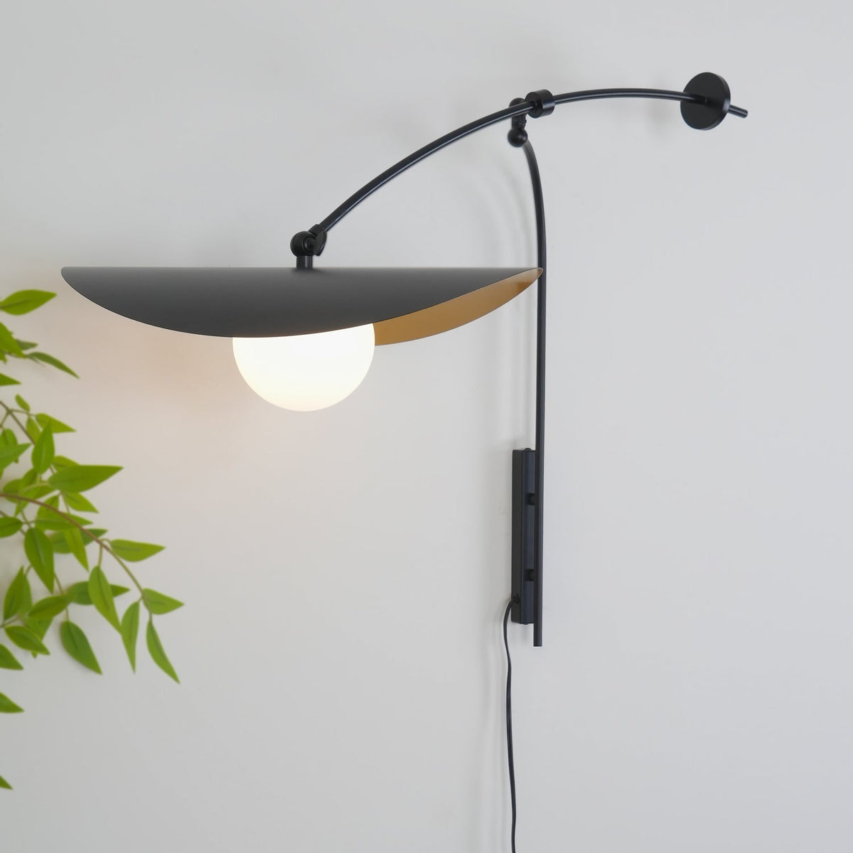 Angled view of a Clérachic wall light, its wide black shade tilted down over a white globe, with leafy branches at the left edge.