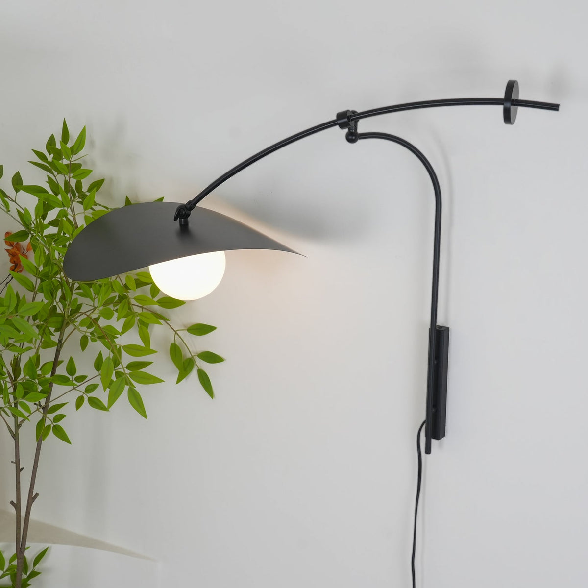 Lit white globe under the black shade of this Clérachic wall light, with a leafy plant beside the wall.