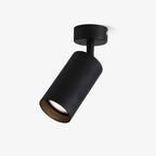 Black ceiling spotlight with a round canopy and a tilted cylinder head, shown on a plain light backdrop as a Clérachic adjustable beam light.