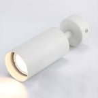 Angled close view of a white Clérachic spotlight, its canopy screw, short stem and the bulb inside the cylinder shade.