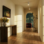 Two white adjustable downlights line a sunlit hallway ceiling above a wood console and archway, these Clérachic fixtures set flush.
