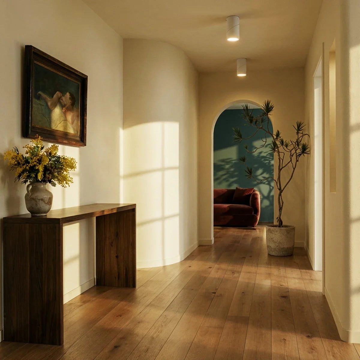 Two white adjustable downlights line a sunlit hallway ceiling above a wood console and archway, these Clérachic fixtures set flush.
