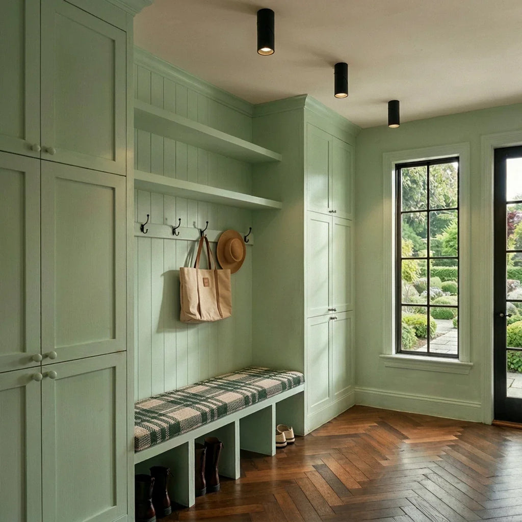 Three black adjustable downlights line a sage green mudroom ceiling above a bench and coat hooks, these Clérachic fixtures angled.