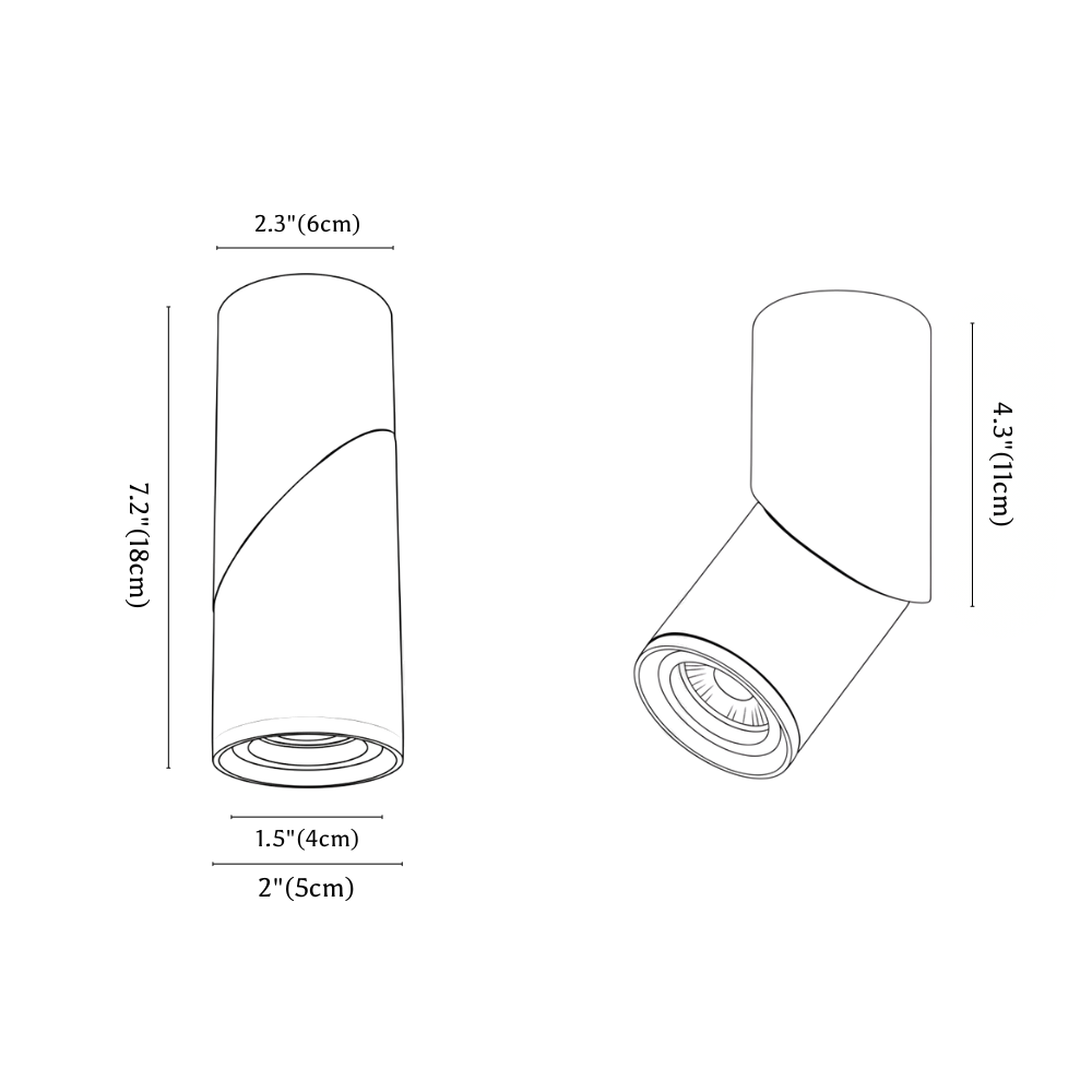 Clérachic downlight dimension drawing, every measurement marked in centimetres and inches.
