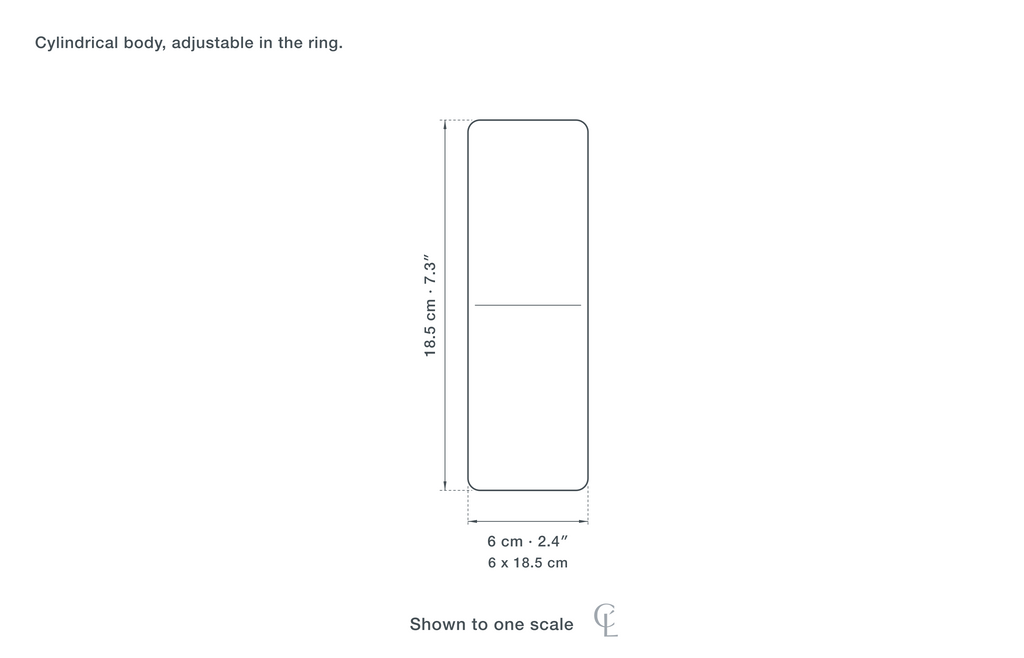 Technical dimension drawing of the Clérachic Adjustable Downlight for Kitchen Island, 6 to 18.5 cm — 6 × 18.5 cm (2.4 × 7.3″), drawn to scale.