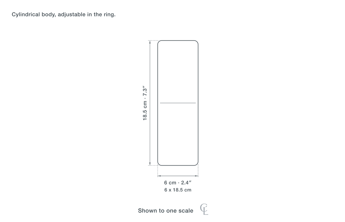 Technical dimension drawing of the Clérachic Adjustable Downlight for Kitchen Island, 6 to 18.5 cm — 6 × 18.5 cm (2.4 × 7.3″), drawn to scale.