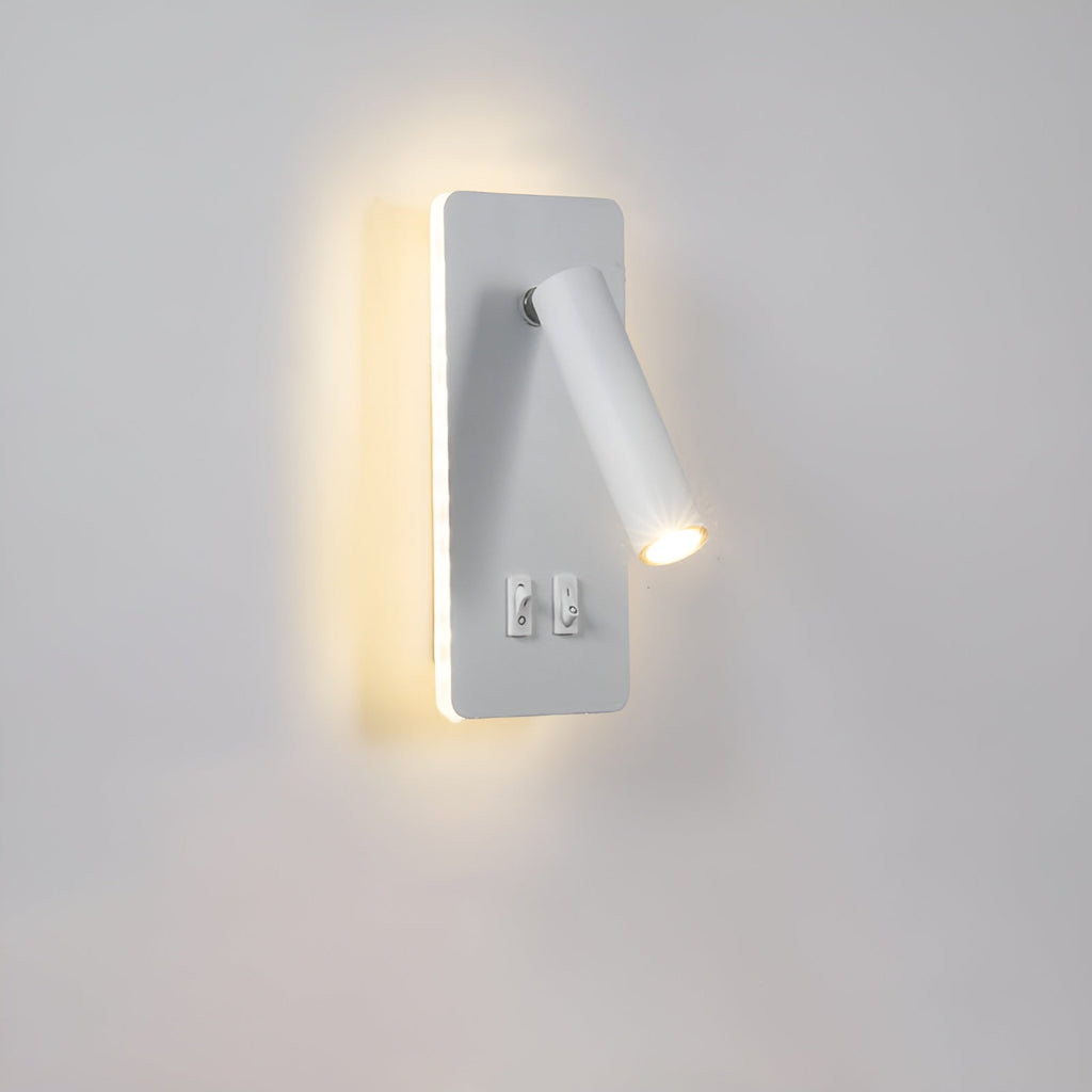 The Clérachic reading wall light in white, spot angled down beside the glowing backplate.