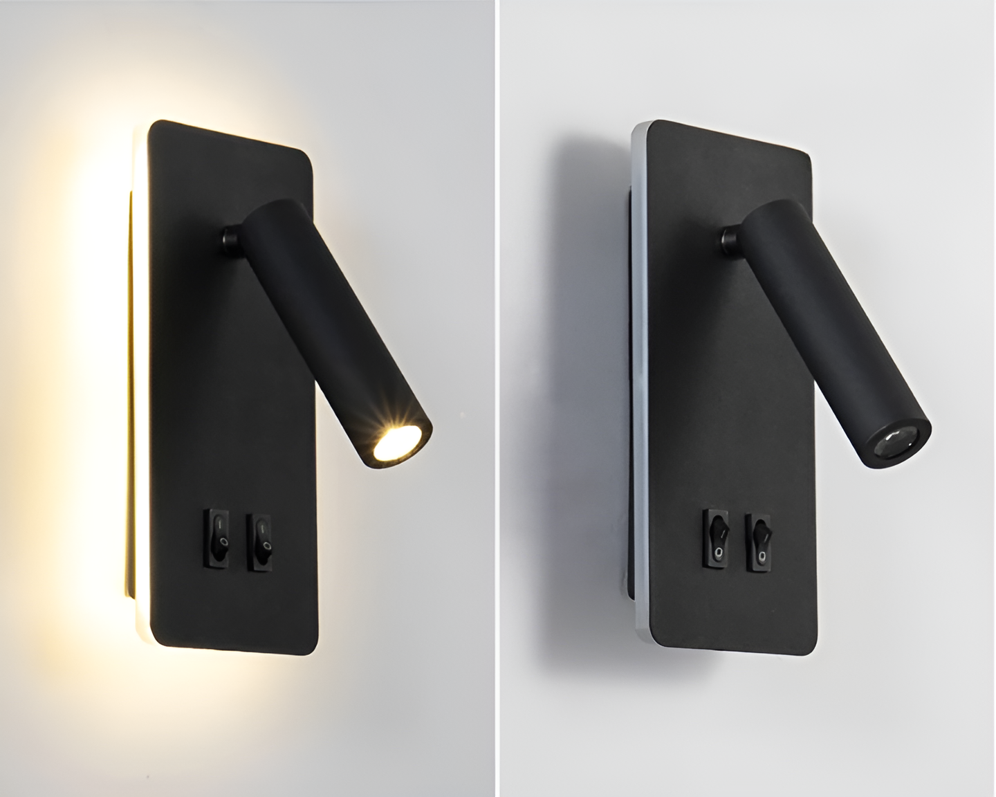 The black Clérachic reading light shown lit and unlit side by side for comparison.