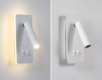 The white Clérachic reading light shown lit and unlit, backlight glowing in the left frame.