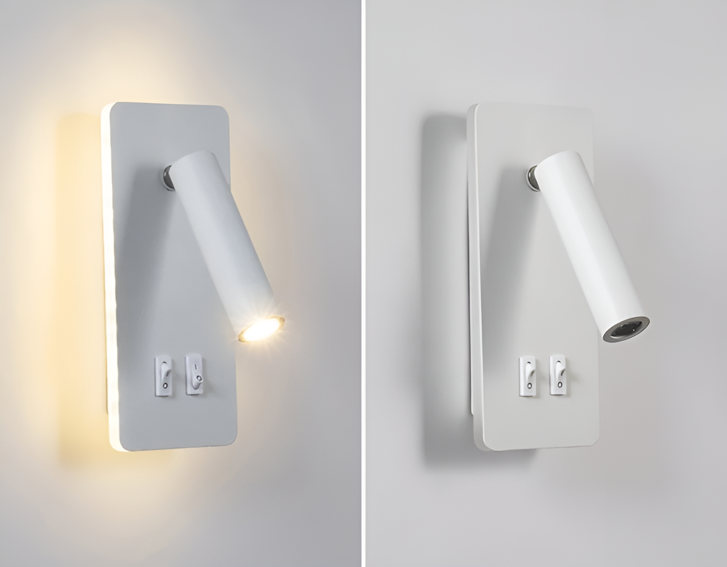The white Clérachic reading light shown lit and unlit, backlight glowing in the left frame.