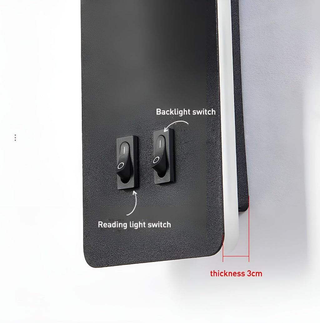 Labelled diagram of the Clérachic reading light: reading switch, backlight switch, 3 cm depth.