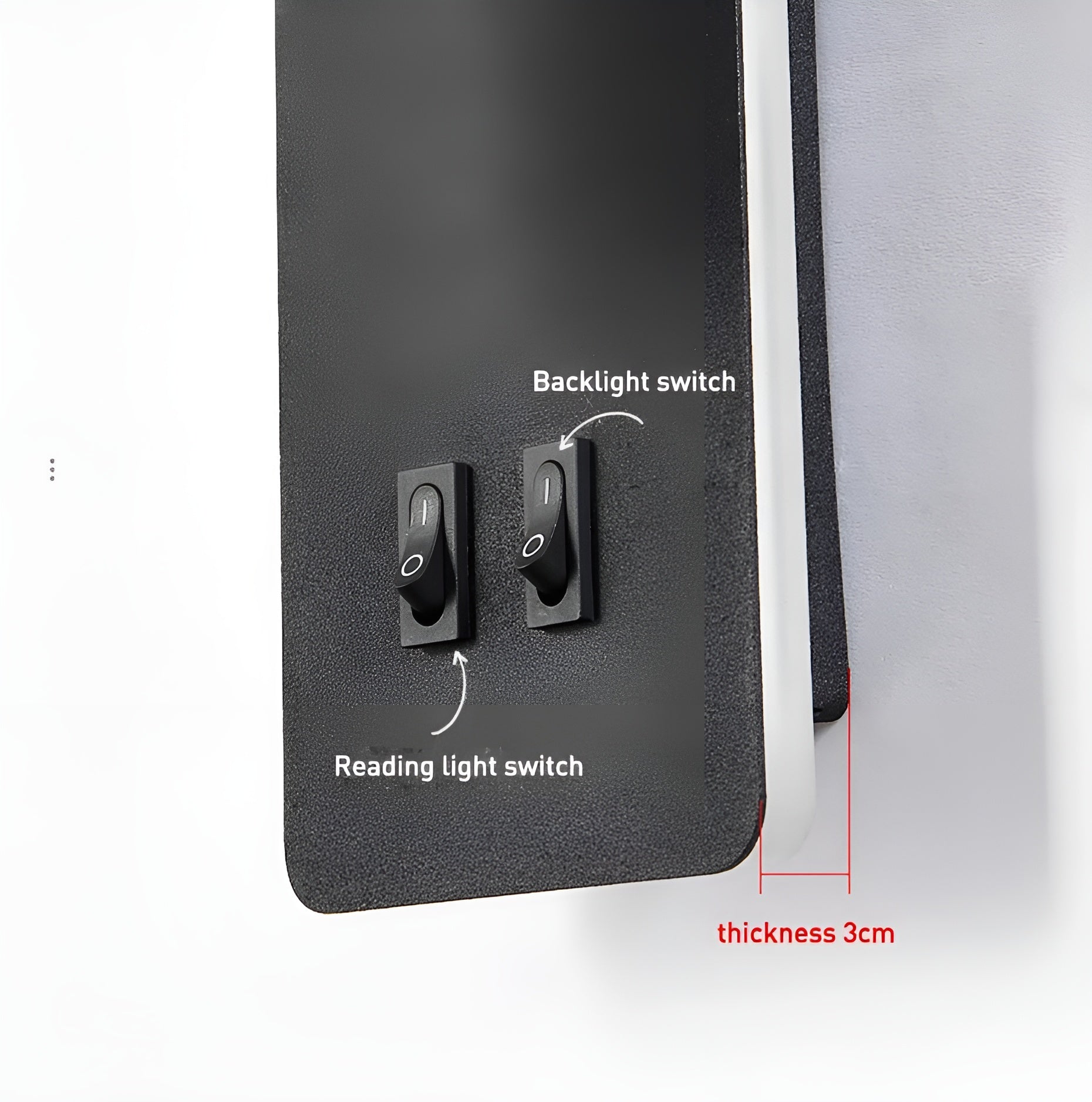 Labelled diagram of the Clérachic reading light: reading switch, backlight switch, 3 cm depth.
