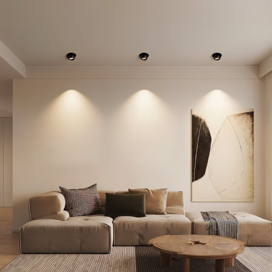 Clérachic row of three black adjustable downlights washing a cream wall with soft pools of light above a modular sofa.