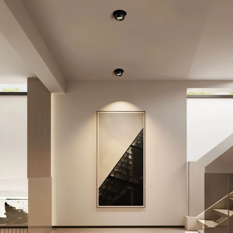 Clérachic two black adjustable downlights aimed at a large framed print on a hallway wall beside a staircase.