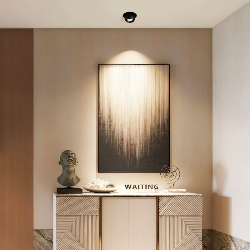 Clérachic black downlight angled to graze a tall framed artwork above a carved console with a bust and sculptural props.