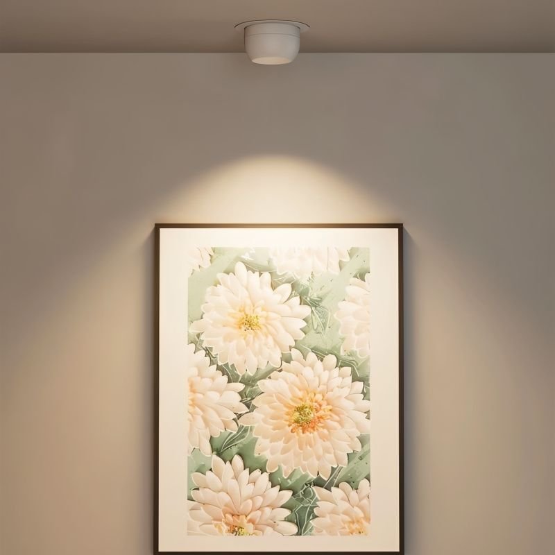 Clérachic white adjustable downlight tilted to wash a framed floral print with a warm arc of light on the wall.