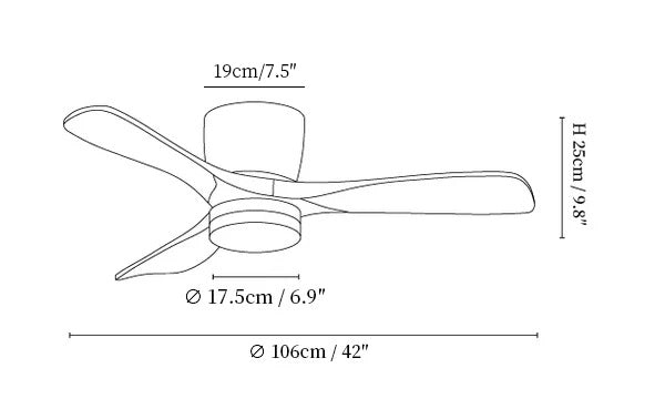 Dimension drawing of the aerodynamics 42 52 ceiling fan light, in outline against white.