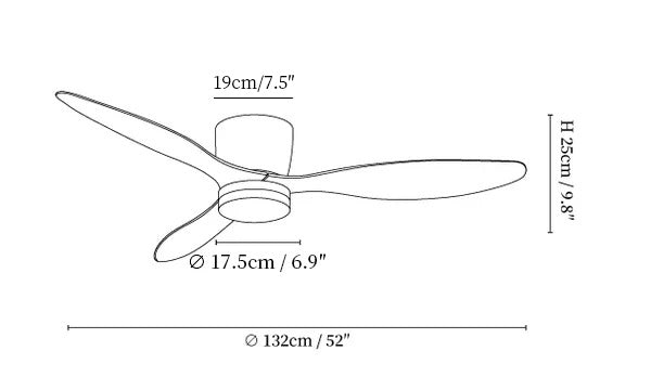 Dimension drawing of the aerodynamics 42 52 ceiling fan light, in outline against white.