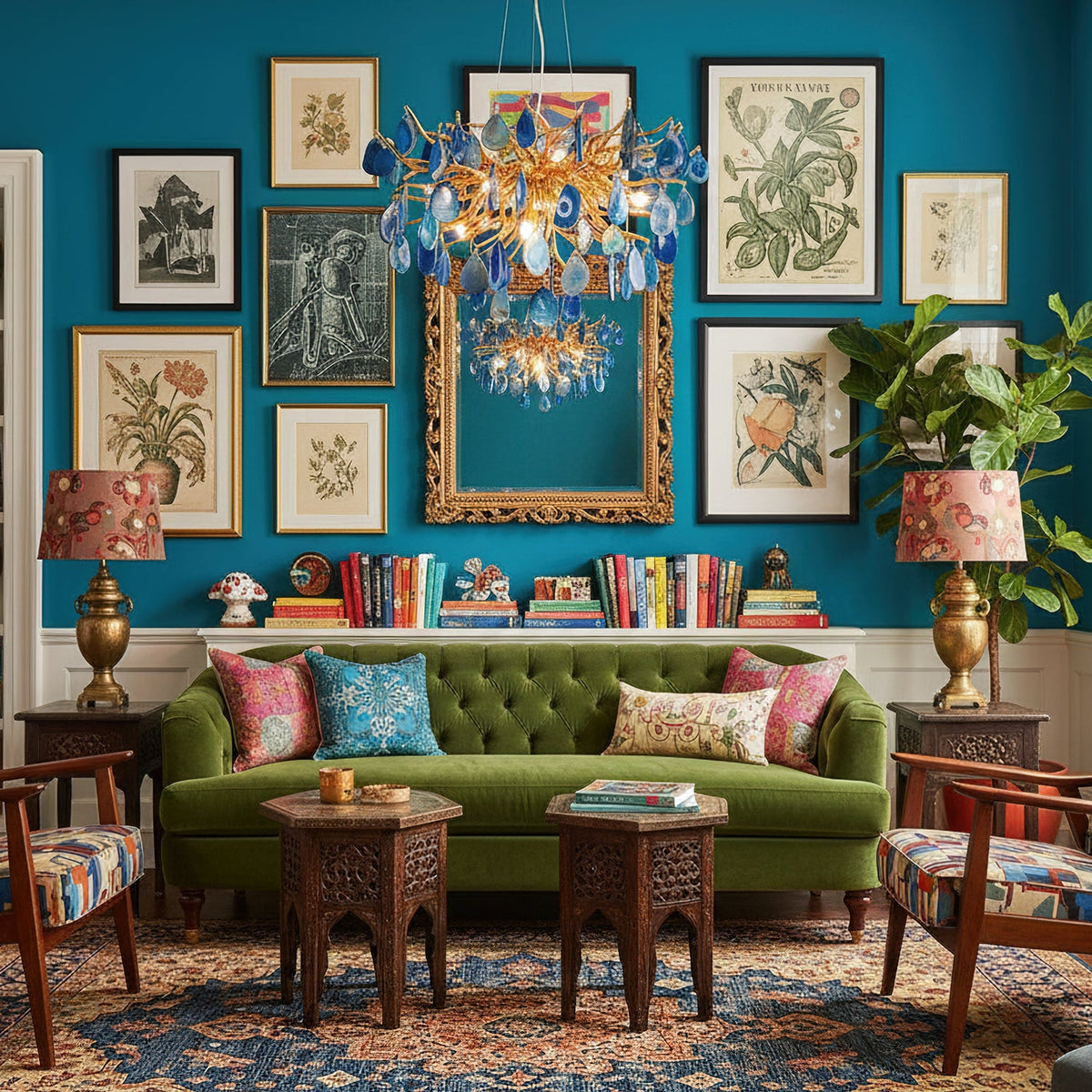 Clérachic agate chandelier over a bold living room with a teal wall of framed prints and a green velvet sofa.