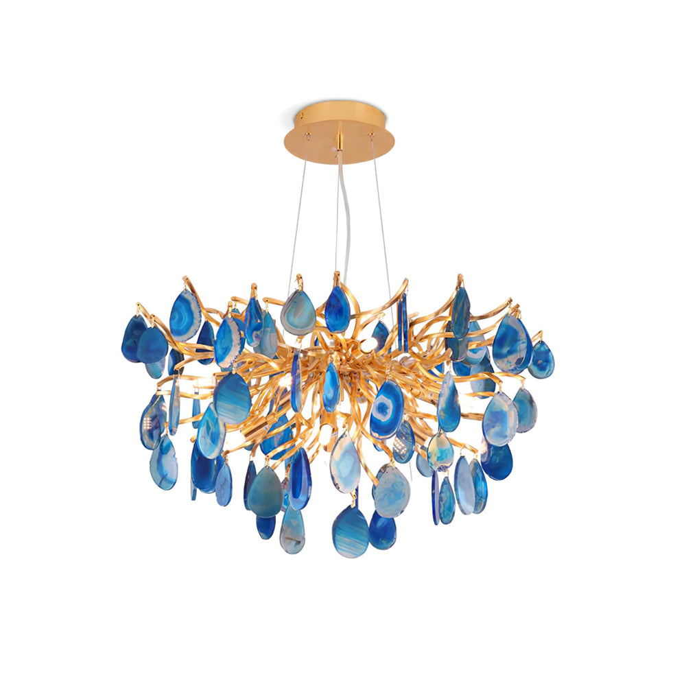 Blue agate Clérachic chandelier, front-on, on a plain white backdrop, with a gold canopy and three fine suspension wires.