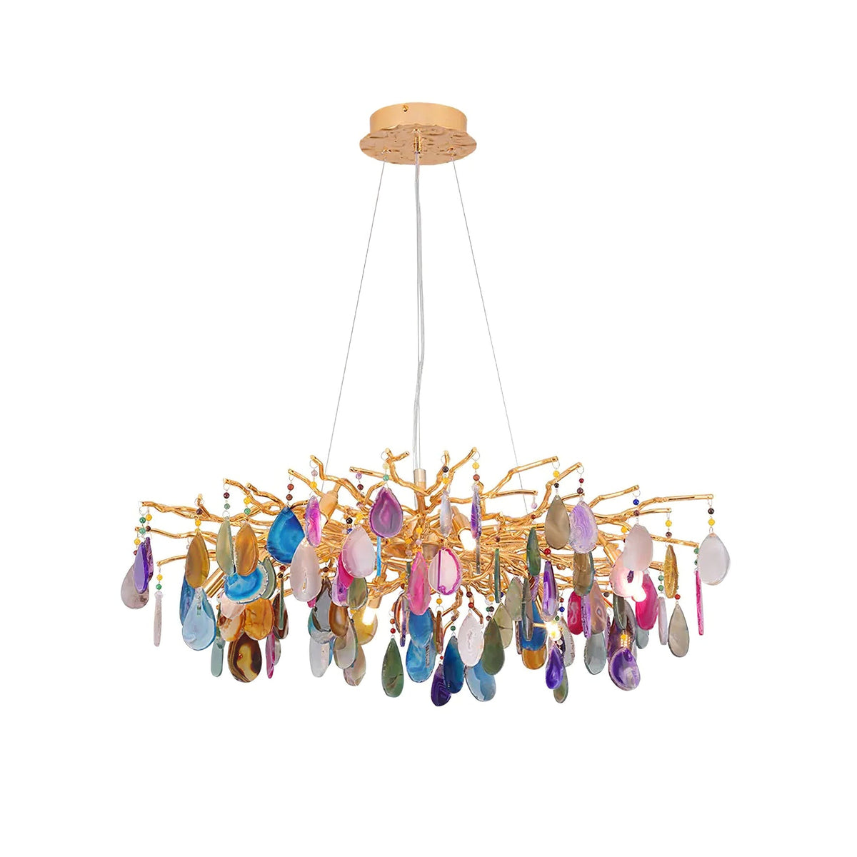 Wide multicolour agate Clérachic chandelier on a plain white backdrop, with slices hanging in a loose fringe below its gold branches.